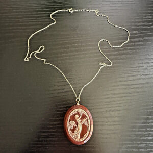 Vintage 12K Gold Filled Cameo Necklace Art Nouveau Lady Pendant Large 24”